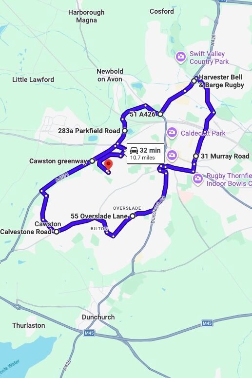 Rugby driving test routes map UK showing DVSA test routes, real exam roads, key junctions, roundabouts and roads used in the driving test