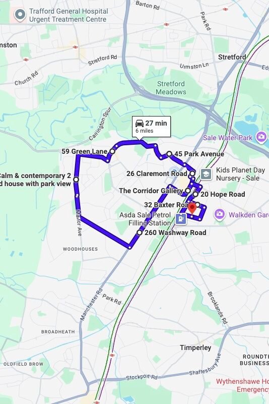 Sale driving test routes map UK showing DVSA test routes, real exam roads, key junctions, roundabouts and roads used in the driving test