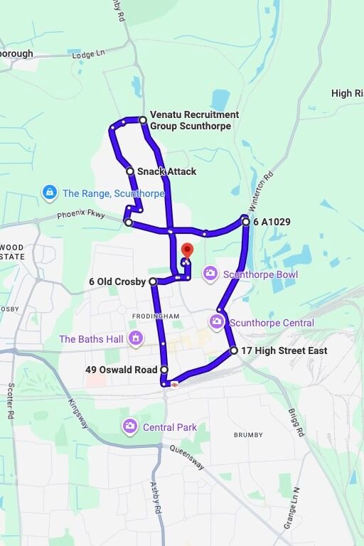 Scunthorpe driving test routes map UK showing DVSA test routes, real exam roads, key junctions, roundabouts and roads used in the driving test