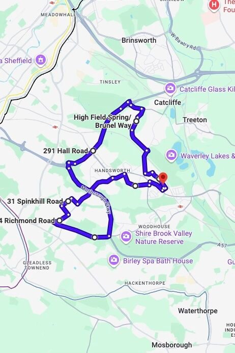 Sheffield (Handsworth) driving test routes map UK showing DVSA test routes, real exam roads, key junctions, roundabouts and roads used in the driving test