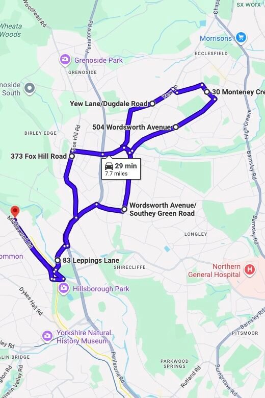 Sheffield (Middlewood Road) driving test routes map UK showing DVSA test routes, real exam roads, key junctions, roundabouts and roads used in the driving test