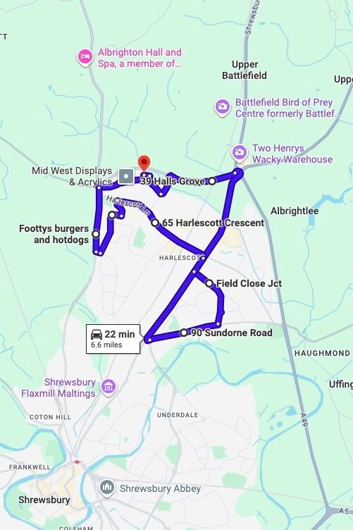 Shrewsbury driving test routes map UK showing DVSA test routes, real exam roads, key junctions, roundabouts and roads used in the driving test