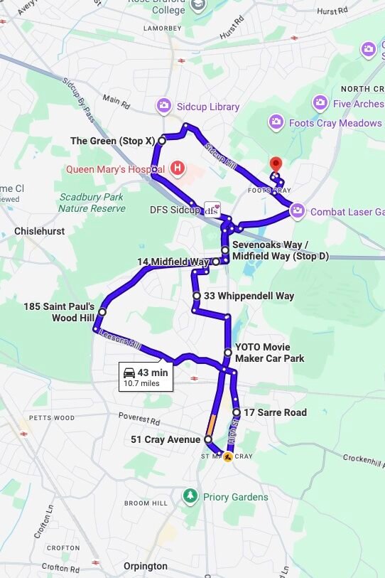 Sidcup (London) driving test routes map UK showing DVSA test routes, real exam roads, key junctions, roundabouts and roads used in the driving test