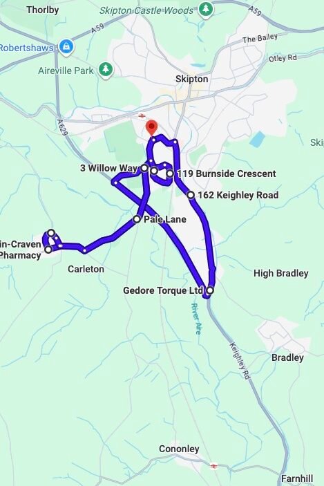 Skipton driving test routes map UK showing DVSA test routes, real exam roads, key junctions, roundabouts and roads used in the driving test
