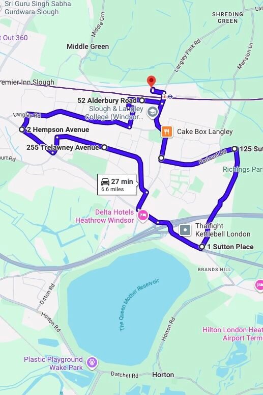Slough (London) driving test routes map UK showing DVSA test routes, real exam roads, key junctions, roundabouts and roads used in the driving test