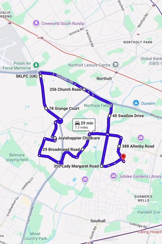 Southall (London) driving test routes map UK showing DVSA test routes, real exam roads, key junctions, roundabouts and roads used in the driving test