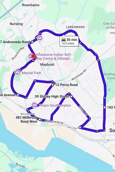 Southampton (Maybush) driving test routes map UK showing DVSA test routes, real exam roads, key junctions, roundabouts and roads used in the driving test