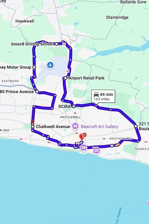 Southend-on-Sea driving test routes map UK showing DVSA test routes, real exam roads, key junctions, roundabouts and roads used in the driving test