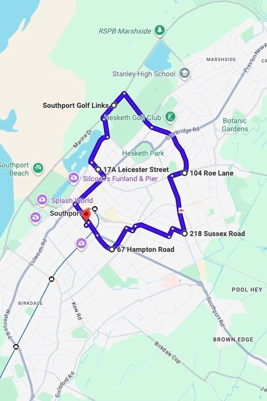 Southport driving test routes map UK showing DVSA test routes, real exam roads, key junctions, roundabouts and roads used in the driving test