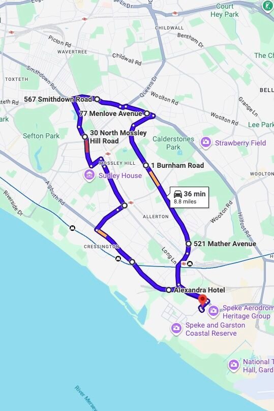 Speke driving test routes map UK showing DVSA test routes, real exam roads, key junctions, roundabouts and roads used in the driving test