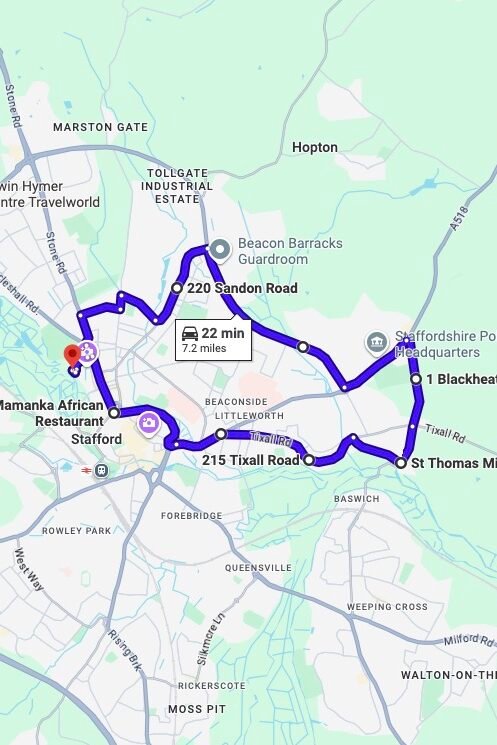 Stafford driving test routes map UK showing DVSA test routes, real exam roads, key junctions, roundabouts and roads used in the driving test