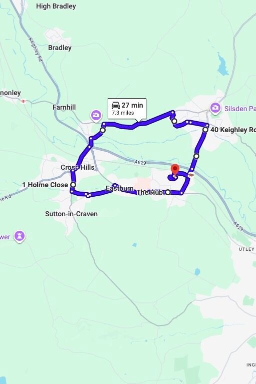 Steeton driving test routes map UK showing DVSA test routes, real exam roads, key junctions, roundabouts and roads used in the driving test