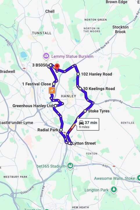 Stoke-on-Trent (Cobridge) driving test routes map UK showing DVSA test routes, real exam roads, key junctions, roundabouts and roads used in the driving test