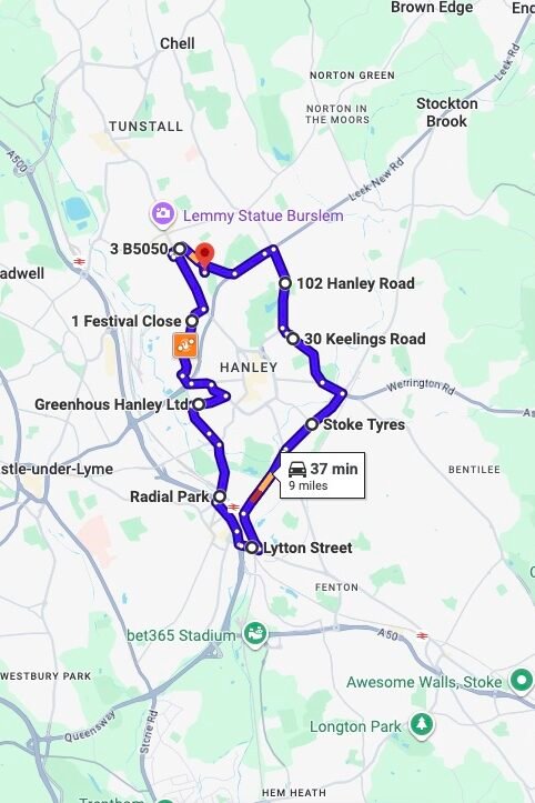 Stoke on Trent (Newcastle-under-Lyme) driving test routes map UK showing DVSA test routes, real exam roads, key junctions, roundabouts and roads used in the driving test