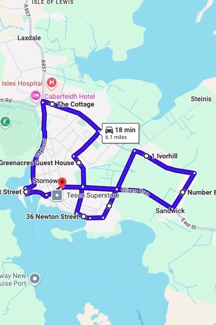 Stornoway LGV driving test routes map UK showing DVSA test routes, real exam roads, key junctions, roundabouts and roads you are likely to drive in your driving test
