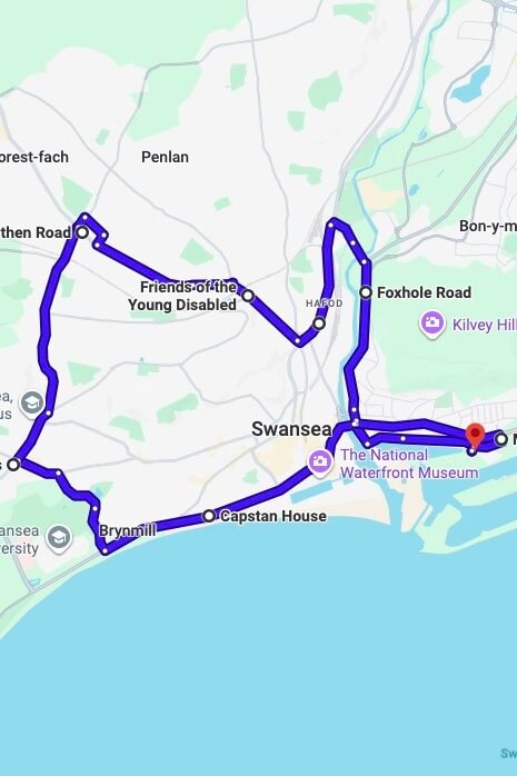 Swansea driving test routes map UK showing DVSA test routes, real exam roads, key junctions, roundabouts and roads used in the driving test