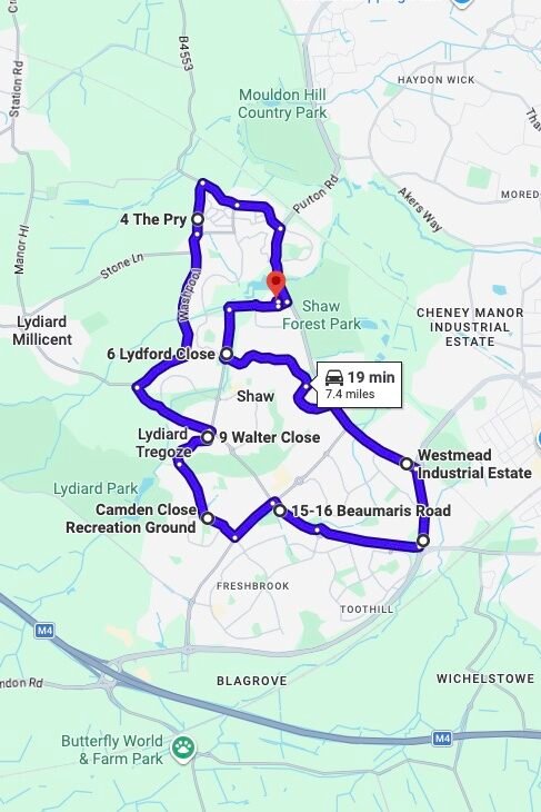 Swindon driving test routes map UK showing DVSA test routes, real exam roads, key junctions, roundabouts and roads used in the driving test