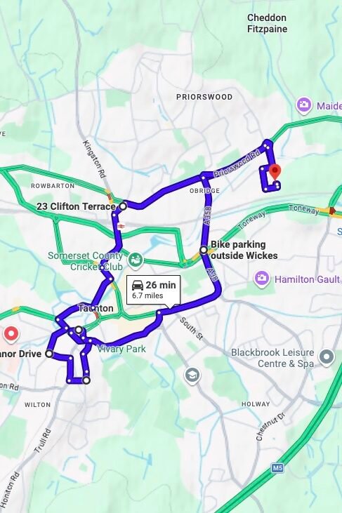 Taunton driving test routes map UK showing DVSA test routes, real exam roads, key junctions, roundabouts and roads used in the driving test