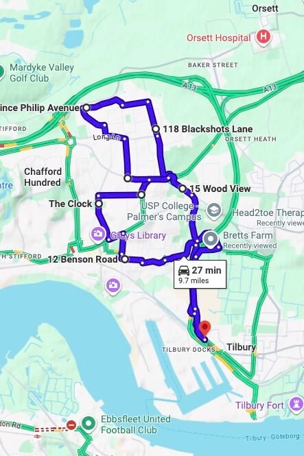 Tilbury driving test routes map UK showing DVSA test routes, real exam roads, key junctions, roundabouts and roads used in the driving test