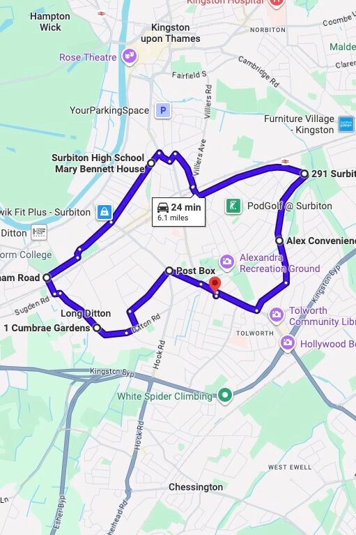 Tolworth (London) driving test routes map UK showing DVSA test routes, real exam roads, key junctions, roundabouts and roads used in the driving test