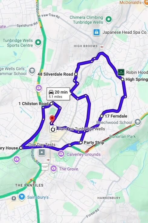 Tunbridge Wells driving test routes map UK showing DVSA test routes, real exam roads, key junctions, roundabouts and roads used in the driving test