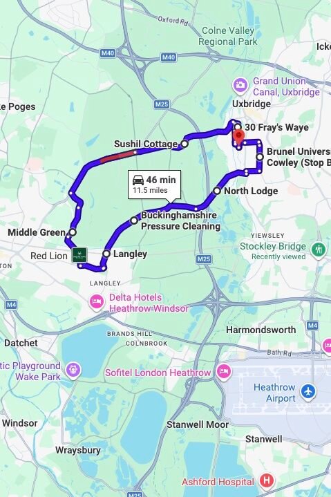 Uxbridge (London) driving test routes map UK showing DVSA test routes, real exam roads, key junctions, roundabouts and roads used in the driving test