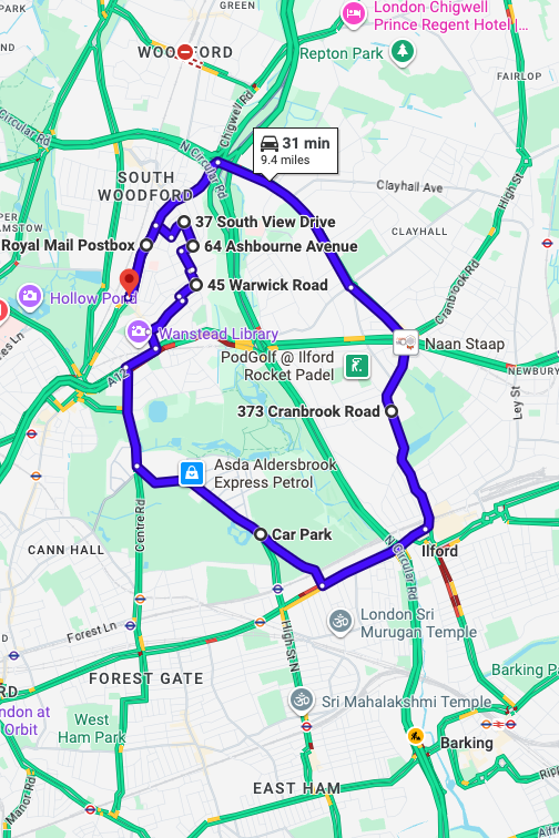 Wanstead (London) driving test routes map UK showing DVSA test routes, real exam roads, key junctions, roundabouts and roads used in the driving test