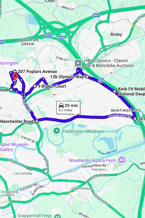Warrington driving test routes map UK showing DVSA test routes, real exam roads, key junctions, roundabouts and roads used in the driving test