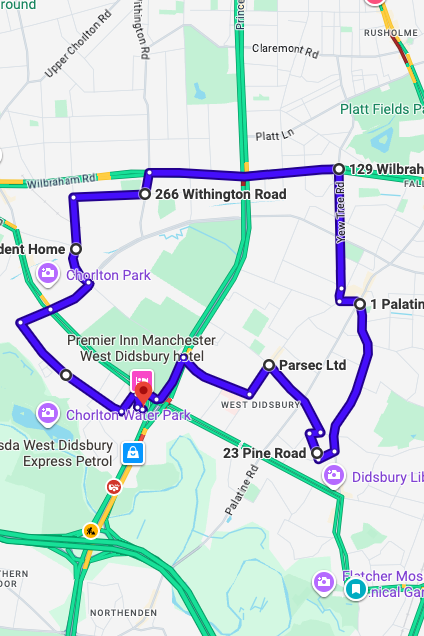 West Didsbury driving test routes map UK showing DVSA test routes, real exam roads, key junctions, roundabouts and roads used in the driving test