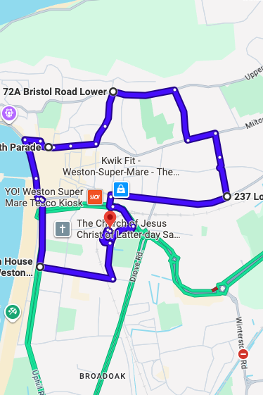 Weston-super-Mare driving test routes map UK showing DVSA test routes, real exam roads, key junctions, roundabouts and roads used in the driving test