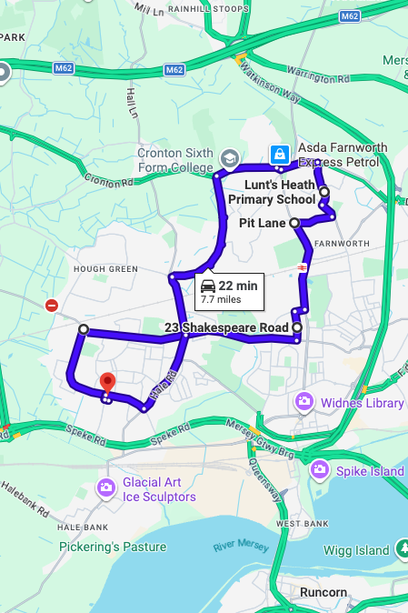Widnes driving test routes map UK showing DVSA test routes, real exam roads, key junctions, roundabouts and roads used in the driving test