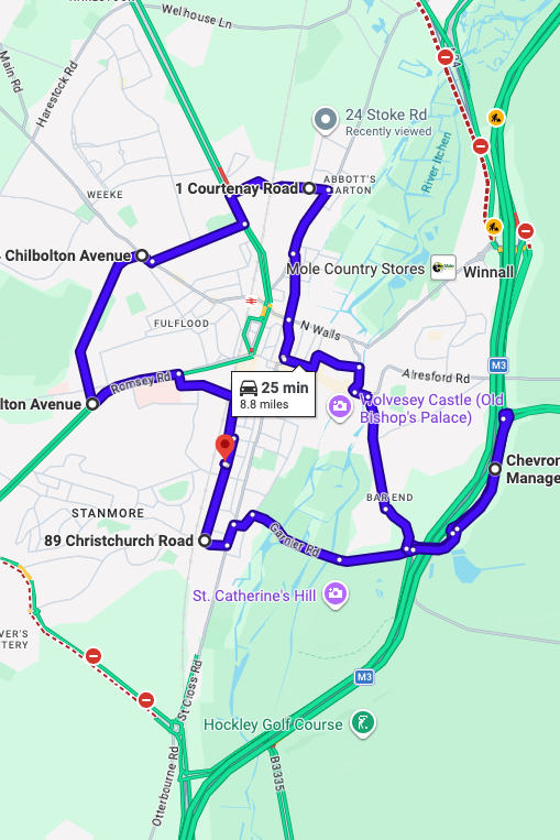 Winchester driving test routes map UK showing DVSA test routes, real exam roads, key junctions, roundabouts and roads used in the driving test