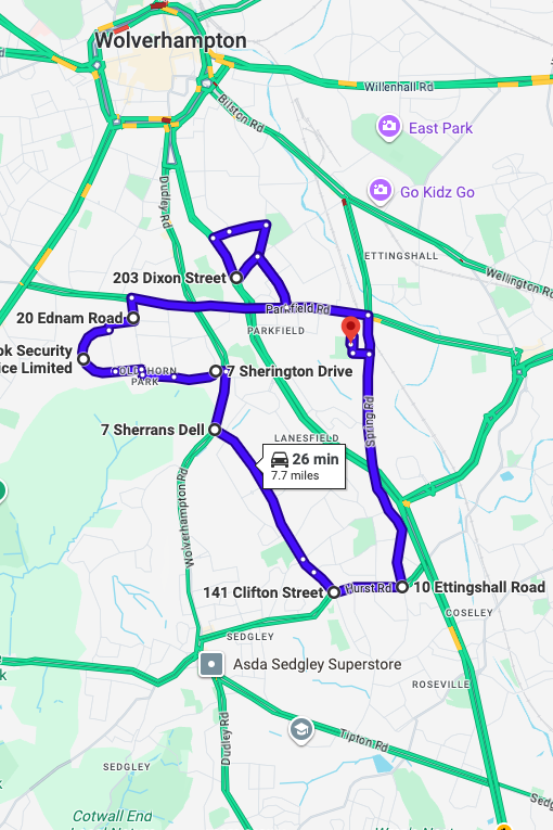 Wolverhampton driving test routes map UK showing DVSA test routes, real exam roads, key junctions, roundabouts and roads used in the driving test