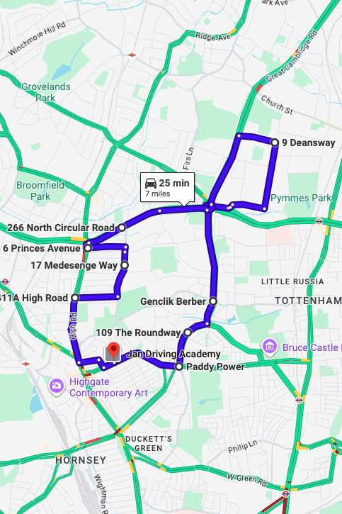 Wood Green (London) driving test routes map UK showing DVSA test routes, real exam roads, key junctions, roundabouts and roads used in the driving test
