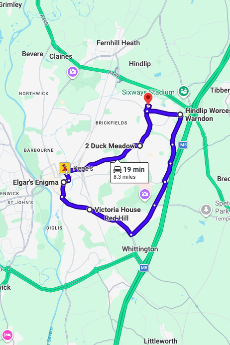 Worcester driving test routes map UK showing DVSA test routes, real exam roads, key junctions, roundabouts and roads used in the driving test