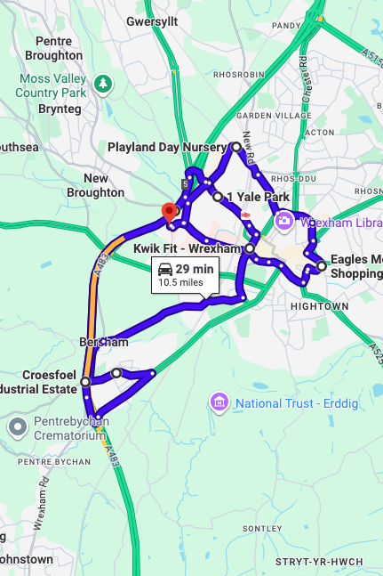 Wrexham driving test routes map UK showing DVSA test routes, real exam roads, key junctions, roundabouts and roads used in the driving test