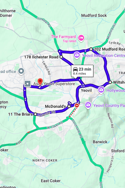 Yeovil driving test routes map UK showing DVSA test routes, real exam roads, key junctions, roundabouts and roads used in the driving test