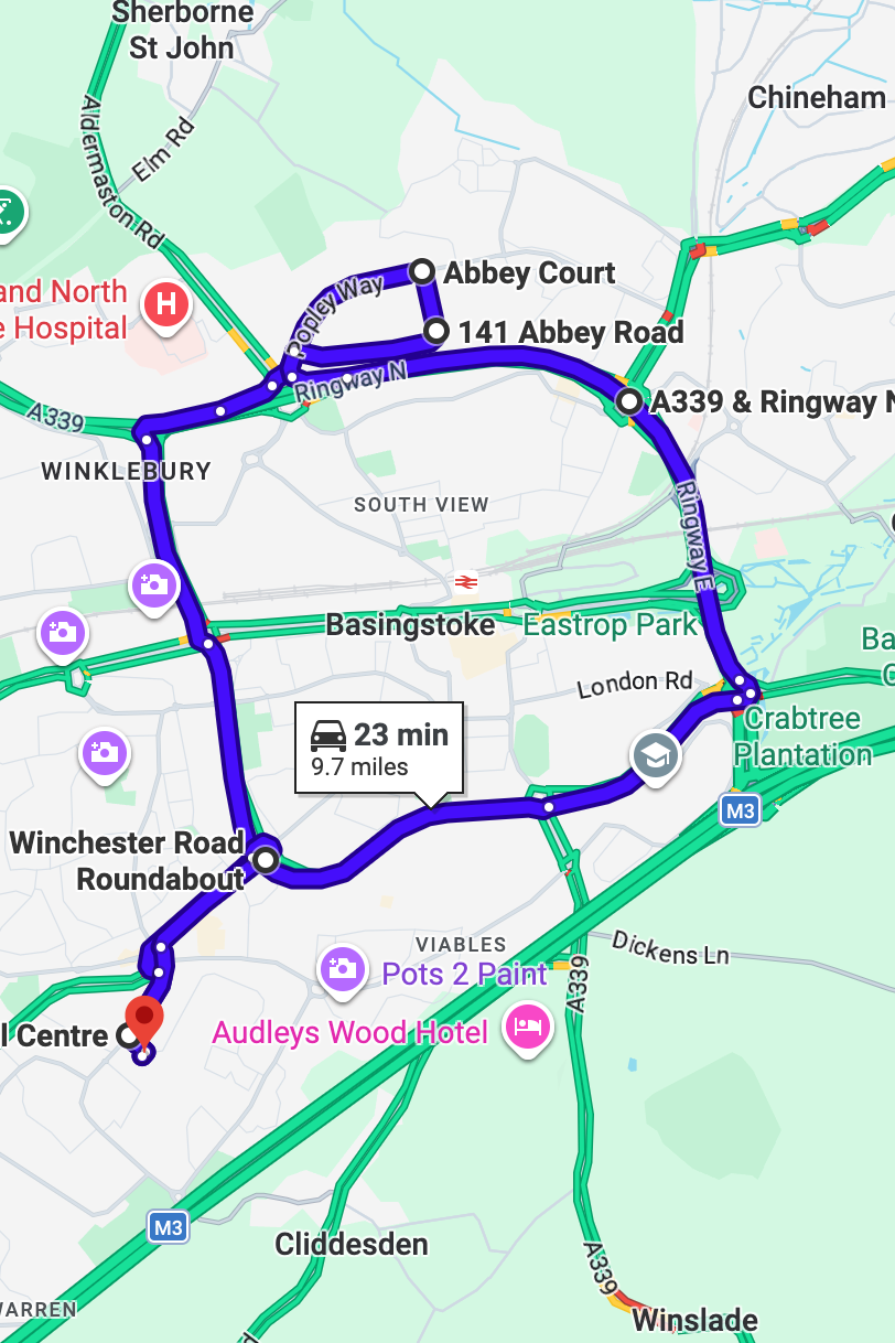 Basingstoke driving test routes map UK showing DVSA test routes, real exam roads, key junctions, roundabouts and roads used in the driving test