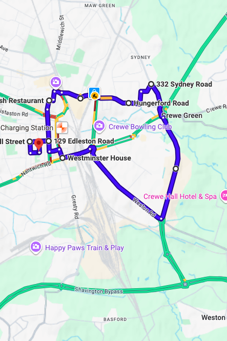 Crewe driving test routes map UK showing DVSA test routes, real exam roads, key junctions, roundabouts and roads used in the driving test