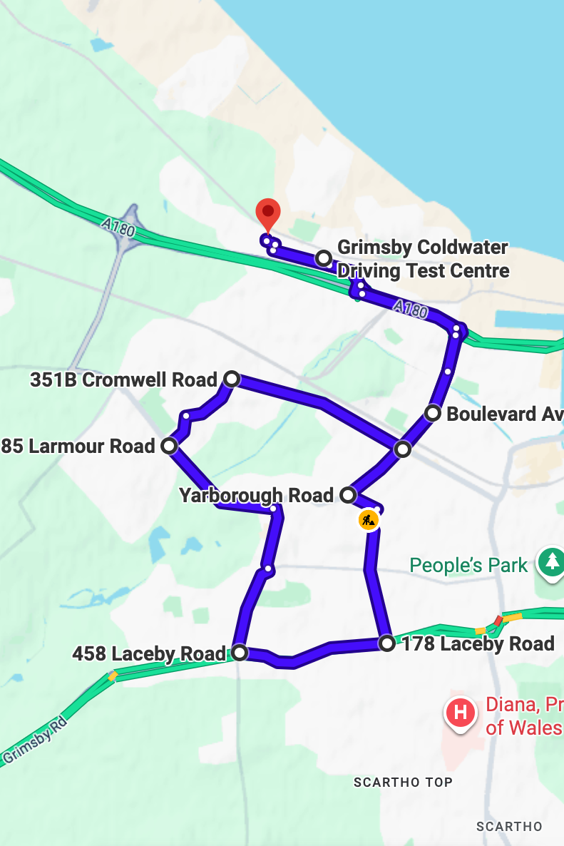 Grimsby Coldwater driving test routes map UK showing DVSA test routes, real exam roads, key junctions, roundabouts and roads used in the driving test