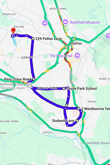 Halifax driving test routes map UK showing DVSA test routes, real exam roads, key junctions, roundabouts and roads used in the driving test