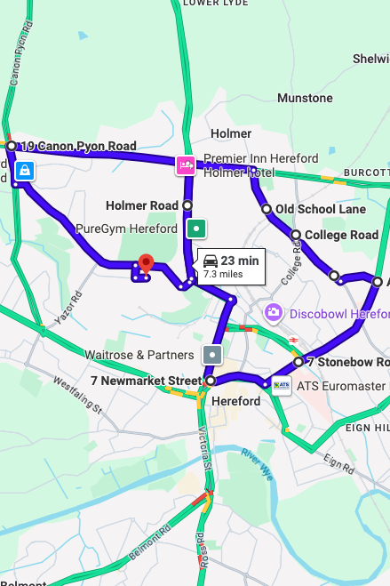 Hereford driving test routes map UK showing DVSA test routes, real exam roads, key junctions, roundabouts and roads used in the driving test