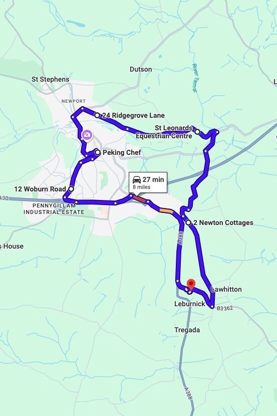 Launceston driving test routes map UK showing DVSA test routes, real exam roads, key junctions, roundabouts and roads used in the driving test