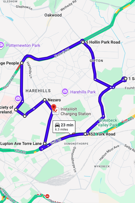 Leeds (Fearnville) driving test routes map UK showing DVSA test routes, real exam roads, key junctions, roundabouts and roads used in the driving test