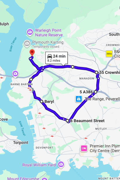 Plymouth driving test routes map UK showing DVSA test routes, real exam roads, key junctions, roundabouts and roads used in the driving test