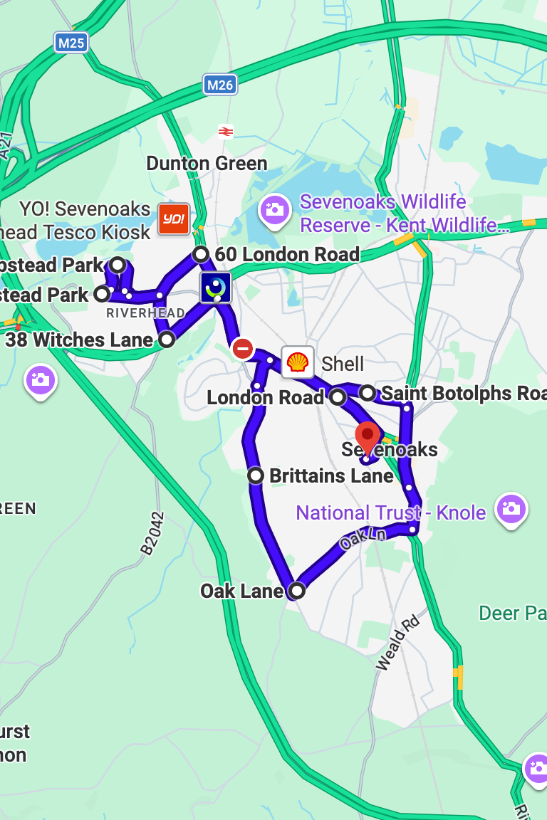 Sevenoaks driving test routes map UK showing DVSA test routes, real exam roads, key junctions, roundabouts and roads used in the driving test