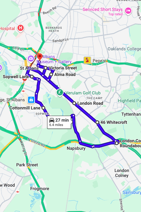 St Albans driving test routes map UK showing DVSA test routes, real exam roads, key junctions, roundabouts and roads used in the driving test