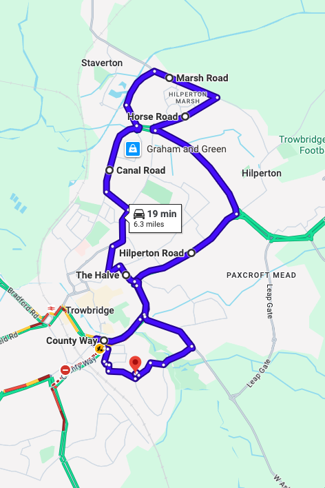 Trowbridge driving test routes map UK showing DVSA test routes, real exam roads, key junctions, roundabouts and roads used in the driving test