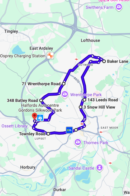 Wakefield driving test routes map UK showing DVSA test routes, real exam roads, key junctions, roundabouts and roads used in the driving test