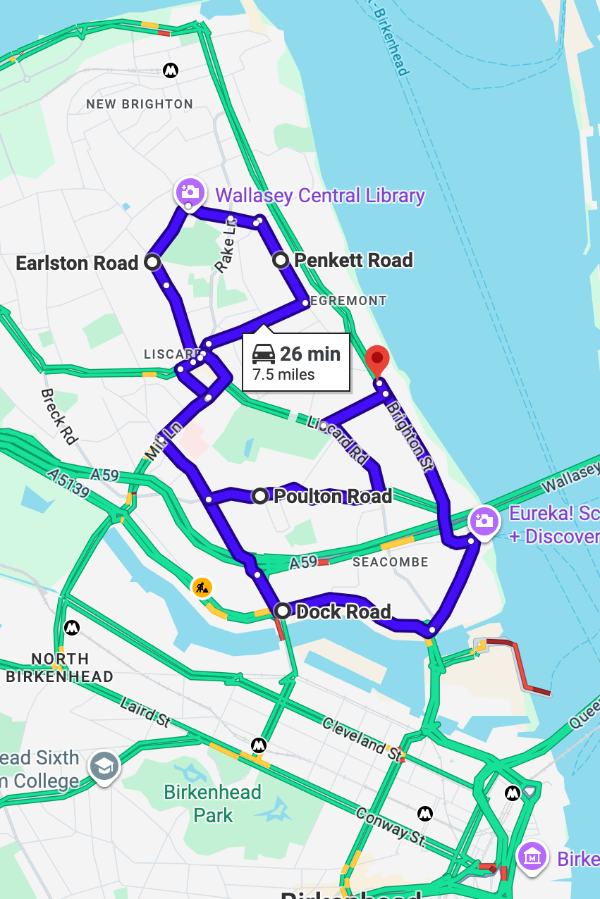 Wallasey driving test routes map UK showing DVSA test routes, real exam roads, key junctions, roundabouts and roads used in the driving test